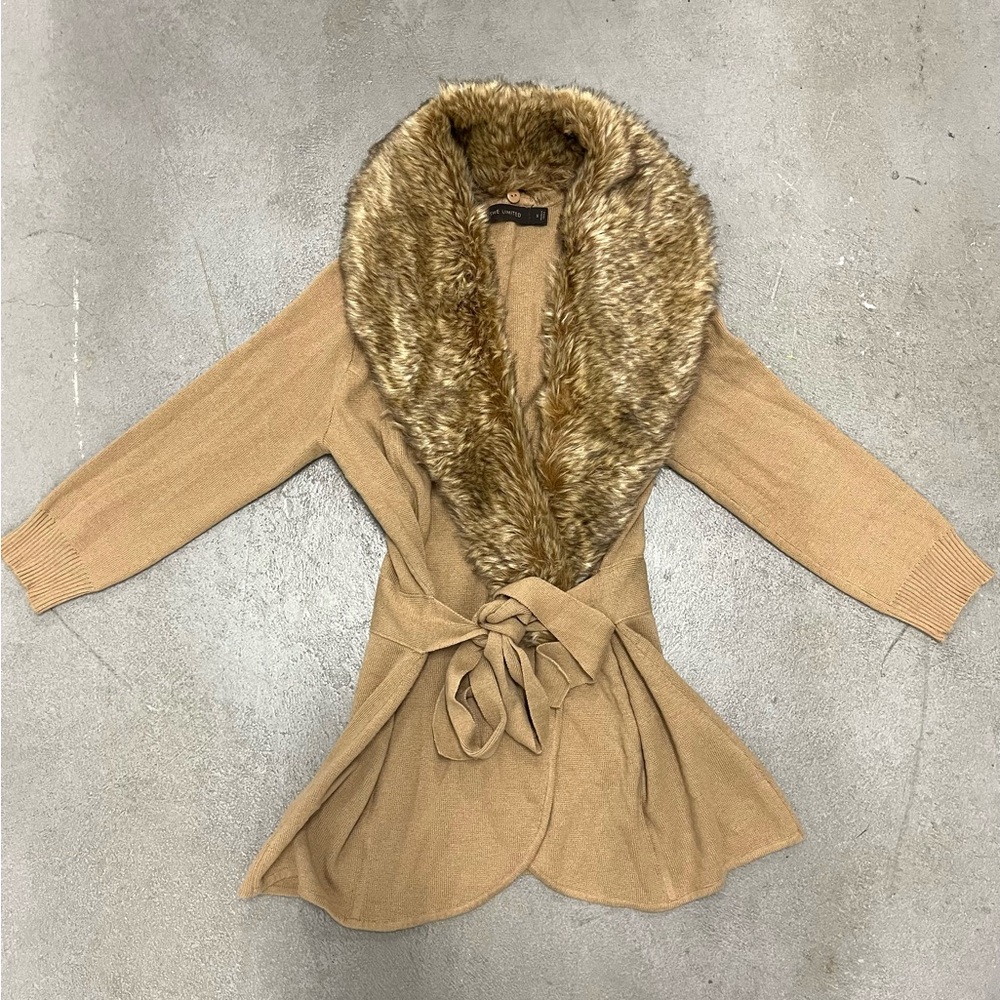 The Limited Y2k 90s Brown Faux Fur Collar Cardigan Tie Waist Sweater‎ SMALL